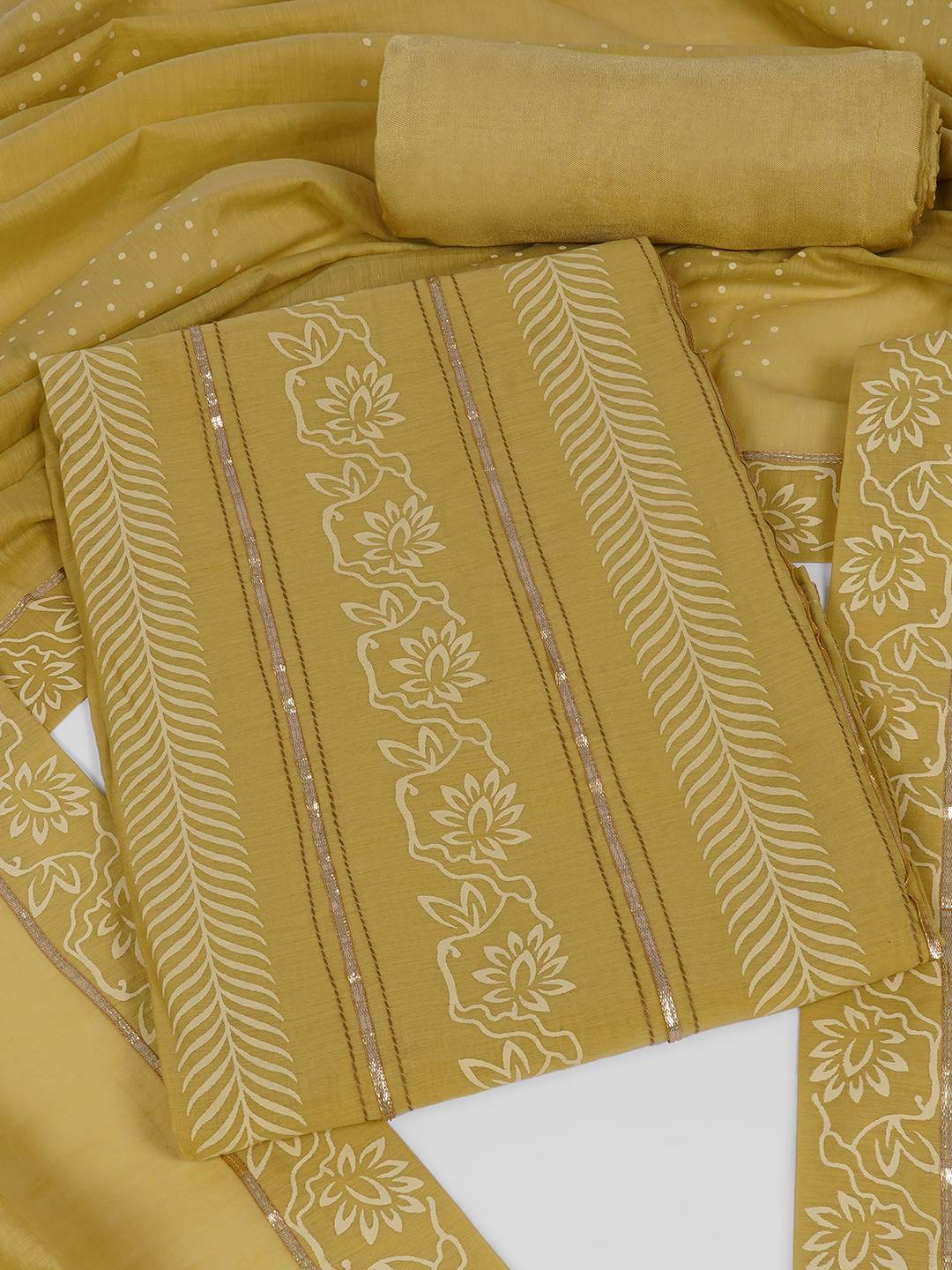 Chanderi Unstitched 3-Piece Suit Set with Lace Work, Printed Palazzo and Dupatta.(Mustard)