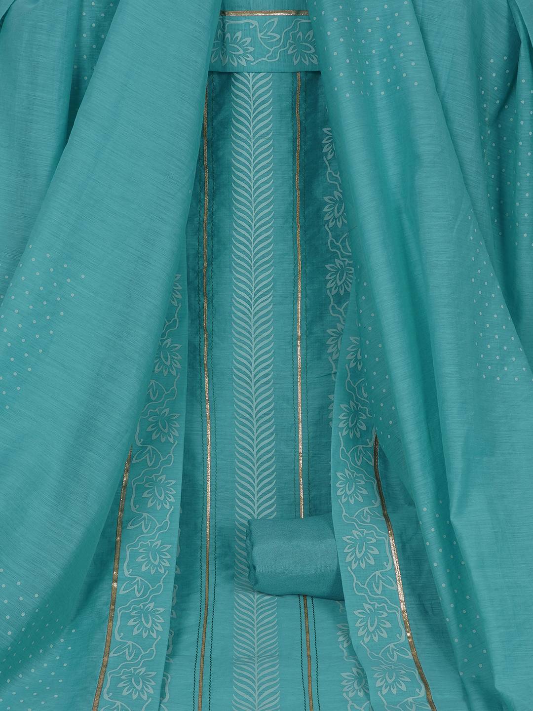 Chanderi Unstitched 3-Piece Suit Set with Lace Work, Printed Palazzo and Dupatta.(Turquoise)