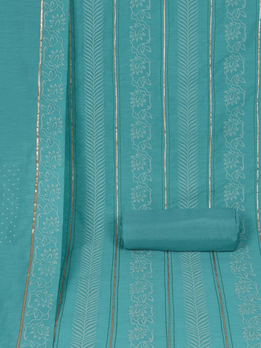 Chanderi Unstitched 3-Piece Suit Set with Lace Work, Printed Palazzo and Dupatta.(Turquoise)