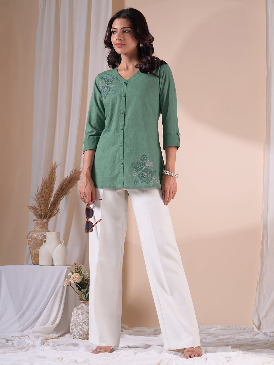 Embroidered V-Neck Straight Fit Cotton Top with Front Buttons.