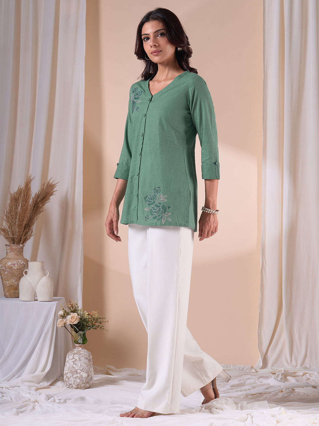 Embroidered V-Neck Straight Fit Cotton Top with Front Buttons.