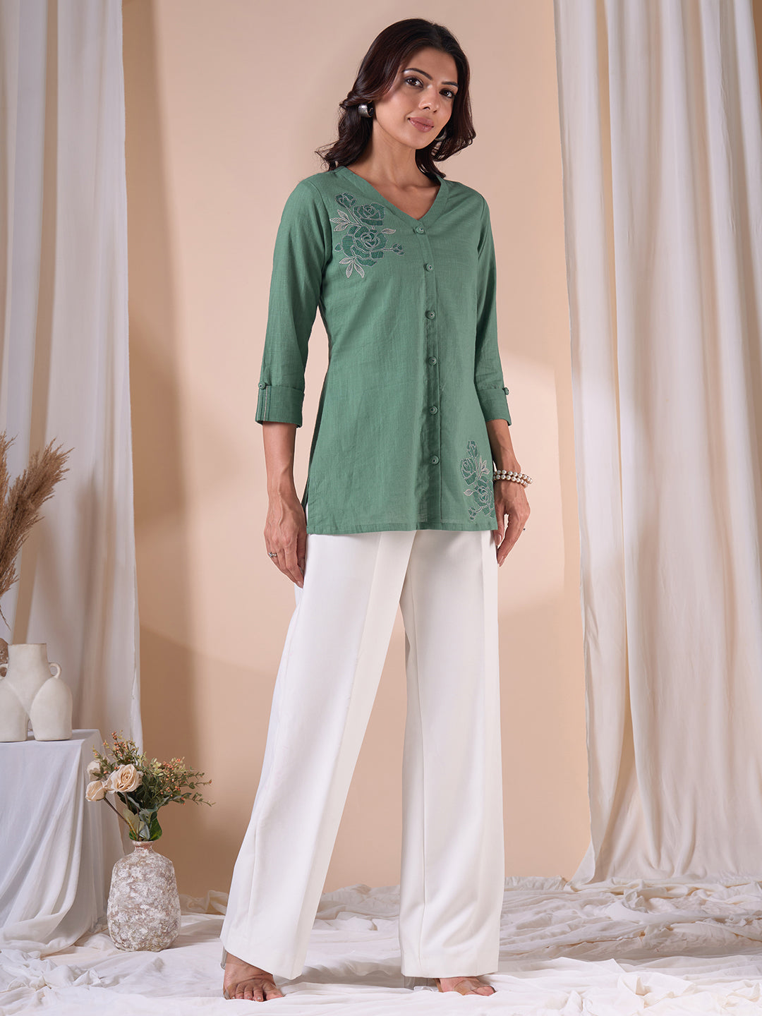 Embroidered V-Neck Straight Fit Cotton Top with Front Buttons.