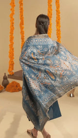 Party Edit- A-line silk blend kurta with zari embroidery detailing paired with printed dupatta and lined silk blend pants