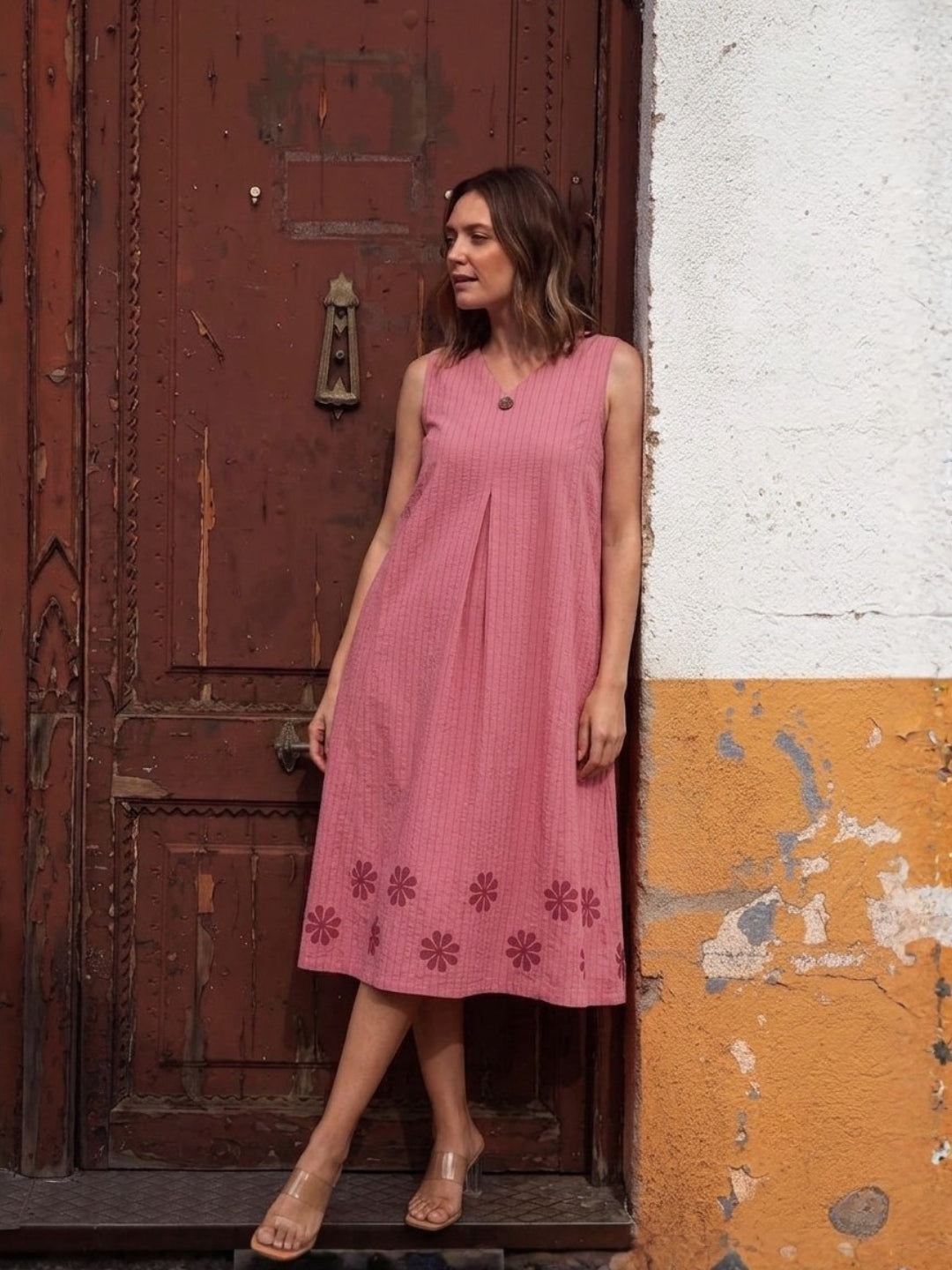Pocketed dress in woven kantha fabric with elasticated side gathering and block print.