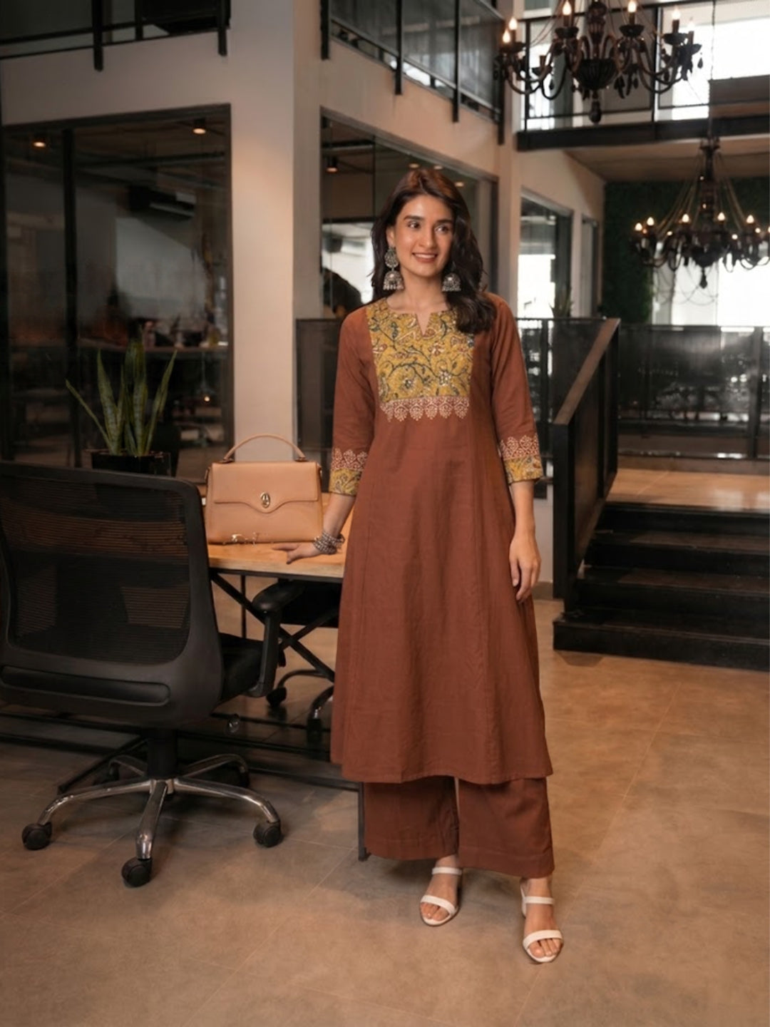 A-Line Cotton Kurta with Kalamkari Cutwork Yoke, Cuffs and Cordwork Detail.