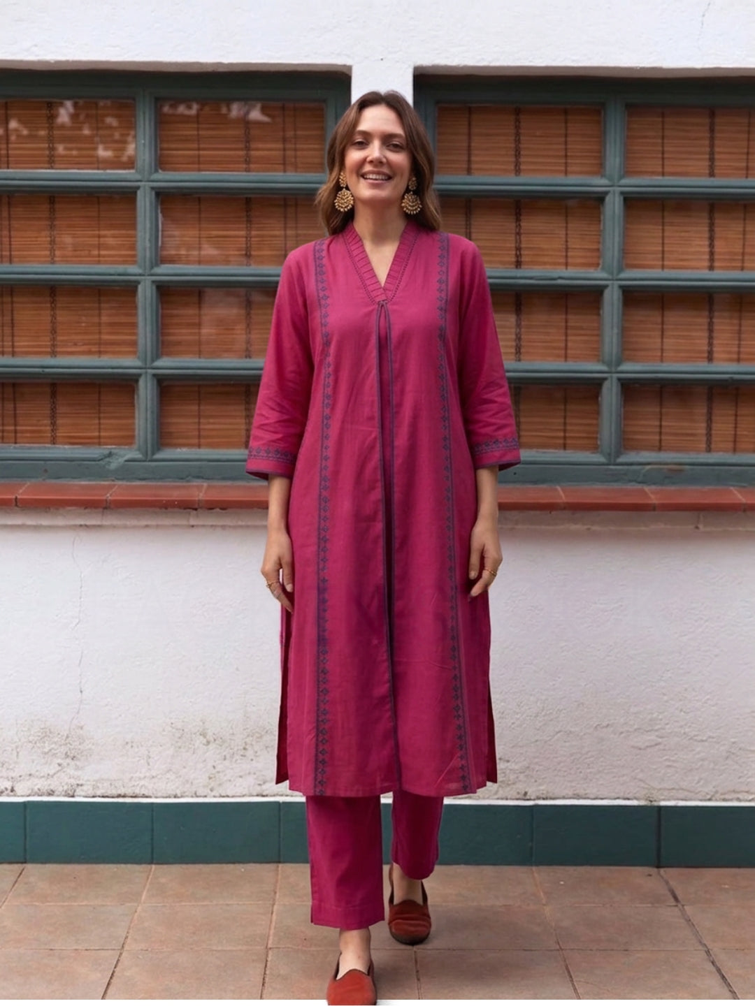 Solid Pink Embroidered V-Neck Kurta Set with Matching Straight Pants and Elegant Detailing.