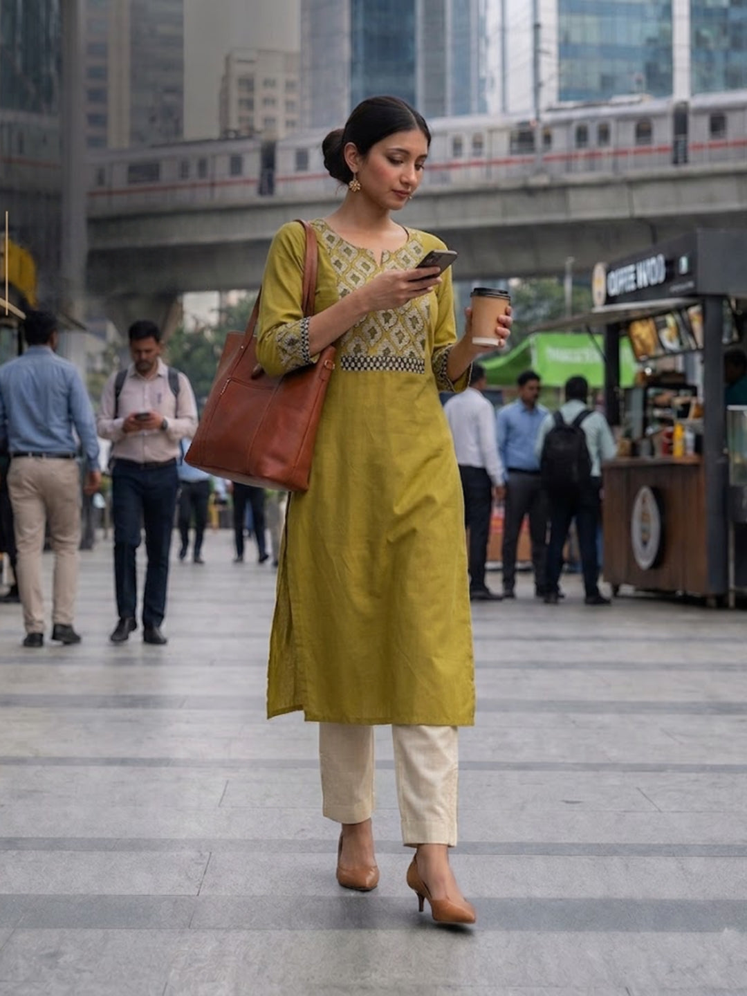 Stylish Mustard Cotton Straight Kurta Featuring Block Printed Yoke and Mirror Detailing