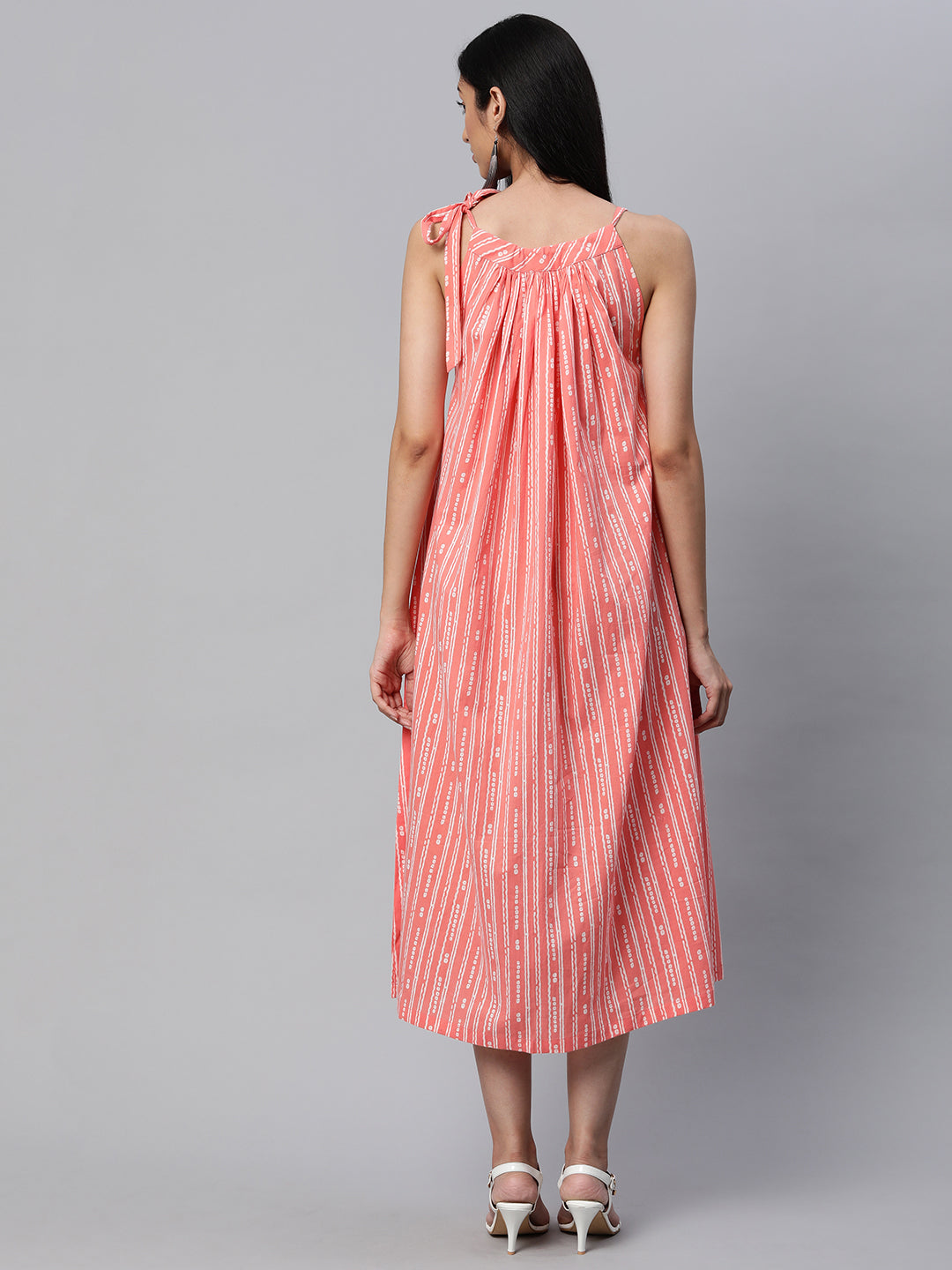 Cotton discharge printed sleeveless dress with gathering on neck