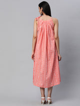 Cotton discharge printed sleeveless dress with gathering on neck