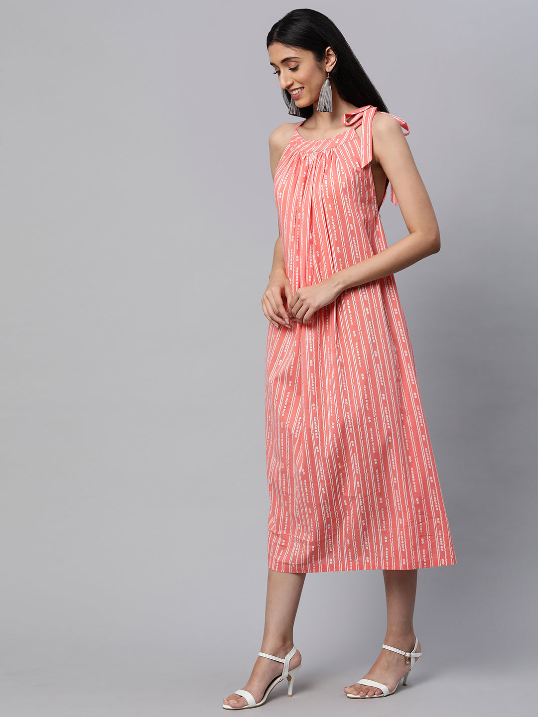 Cotton discharge printed sleeveless dress with gathering on neck