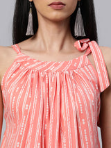 Cotton discharge printed sleeveless dress with gathering on neck