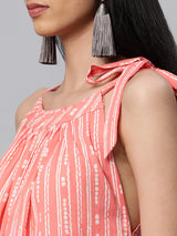 Cotton discharge printed sleeveless dress with gathering on neck