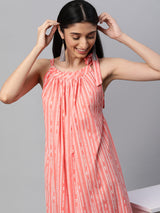 Cotton discharge printed sleeveless dress with gathering on neck