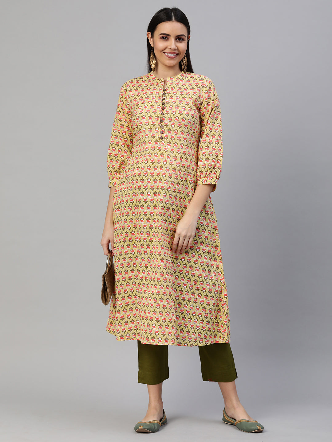 Printed Flared cotton Kurta with puff sleeves