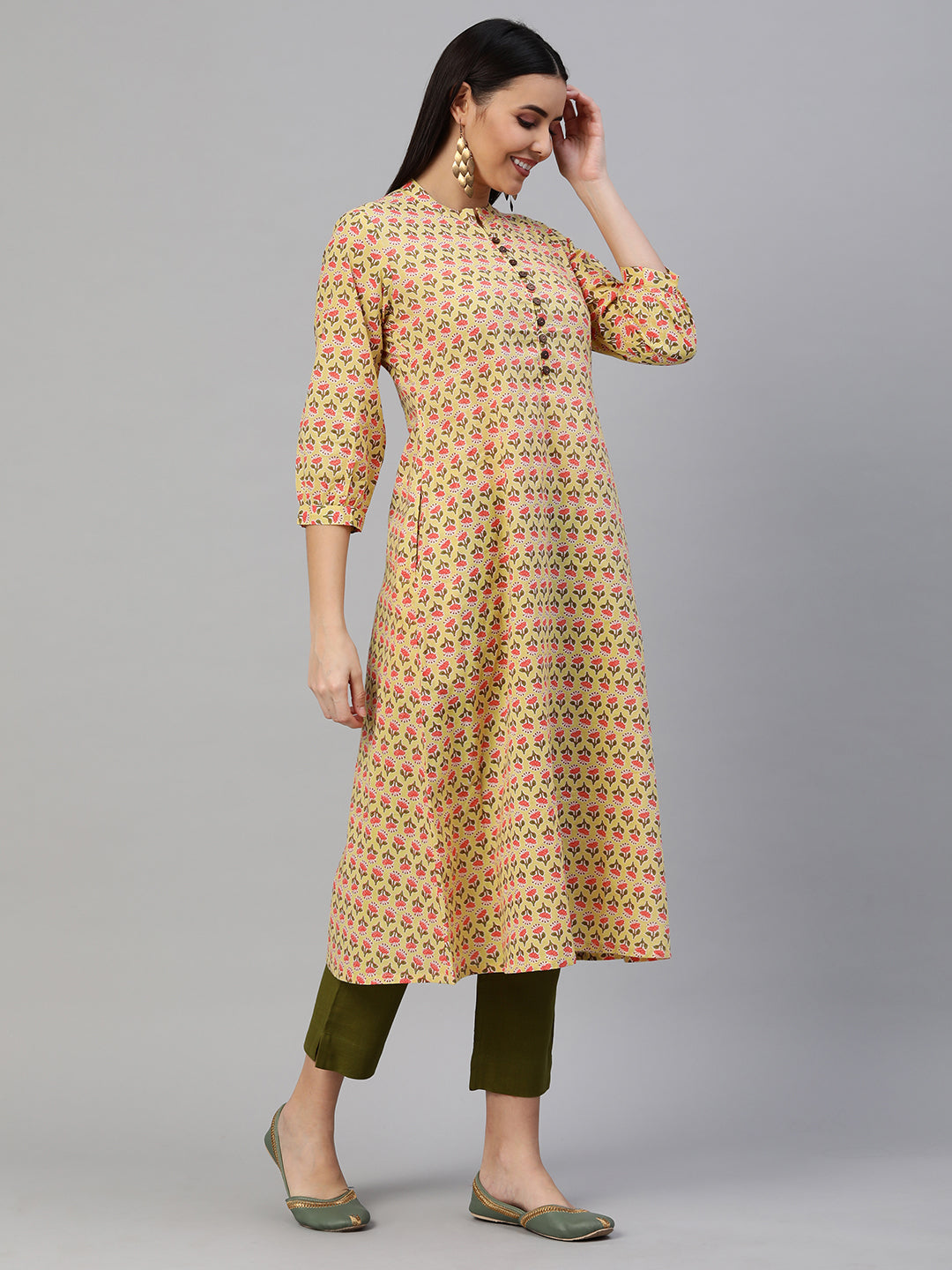 Printed Flared cotton Kurta with puff sleeves