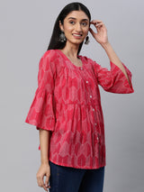 Printed  full sleeves tiered cotton top with button detailing