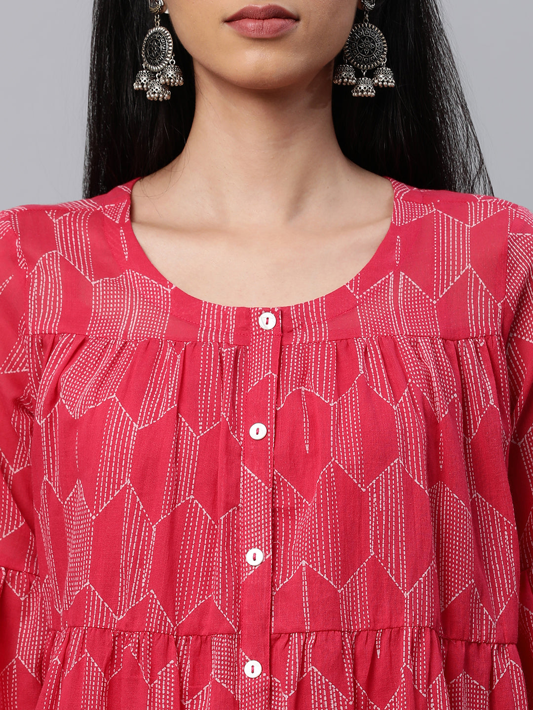 Printed full sleeves tiered cotton top with button detailing