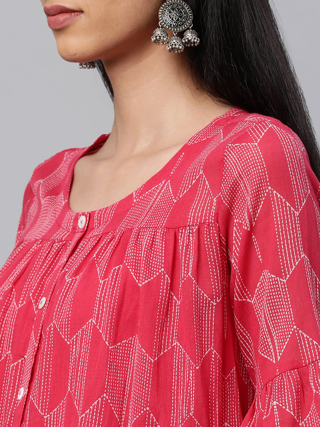 Printed full sleeves tiered cotton top with button detailing