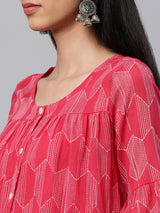 Printed  full sleeves tiered cotton top with button detailing