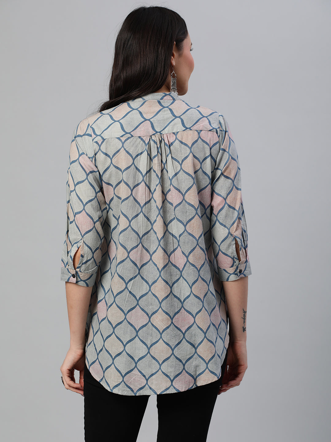 Flared printed cotton top with stand collar, knife pleat and button detailing