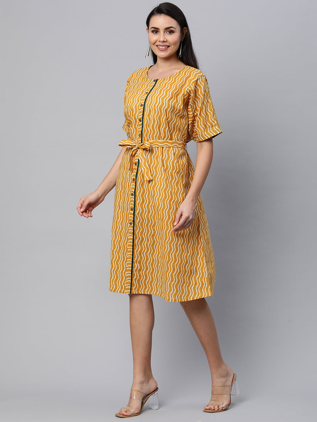 Udaan - Printed kimono sleeves cotton dress with front placket button detailing and belt