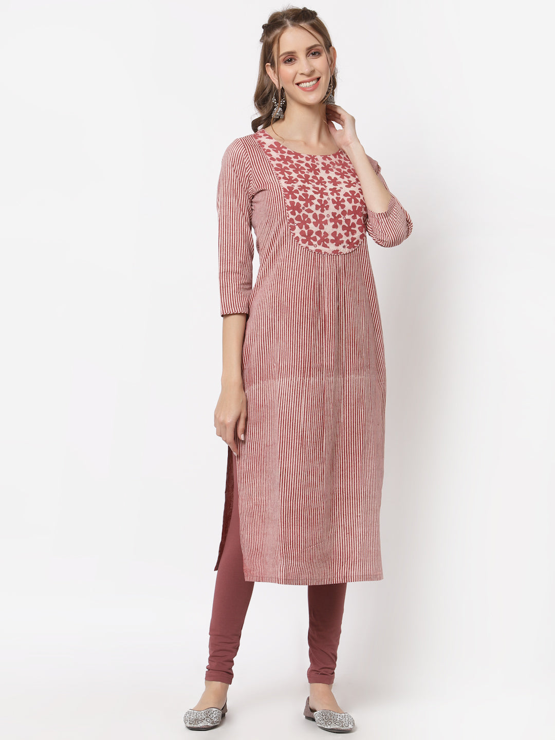 Straight cotton kurta with hand embroidery on the yoke
