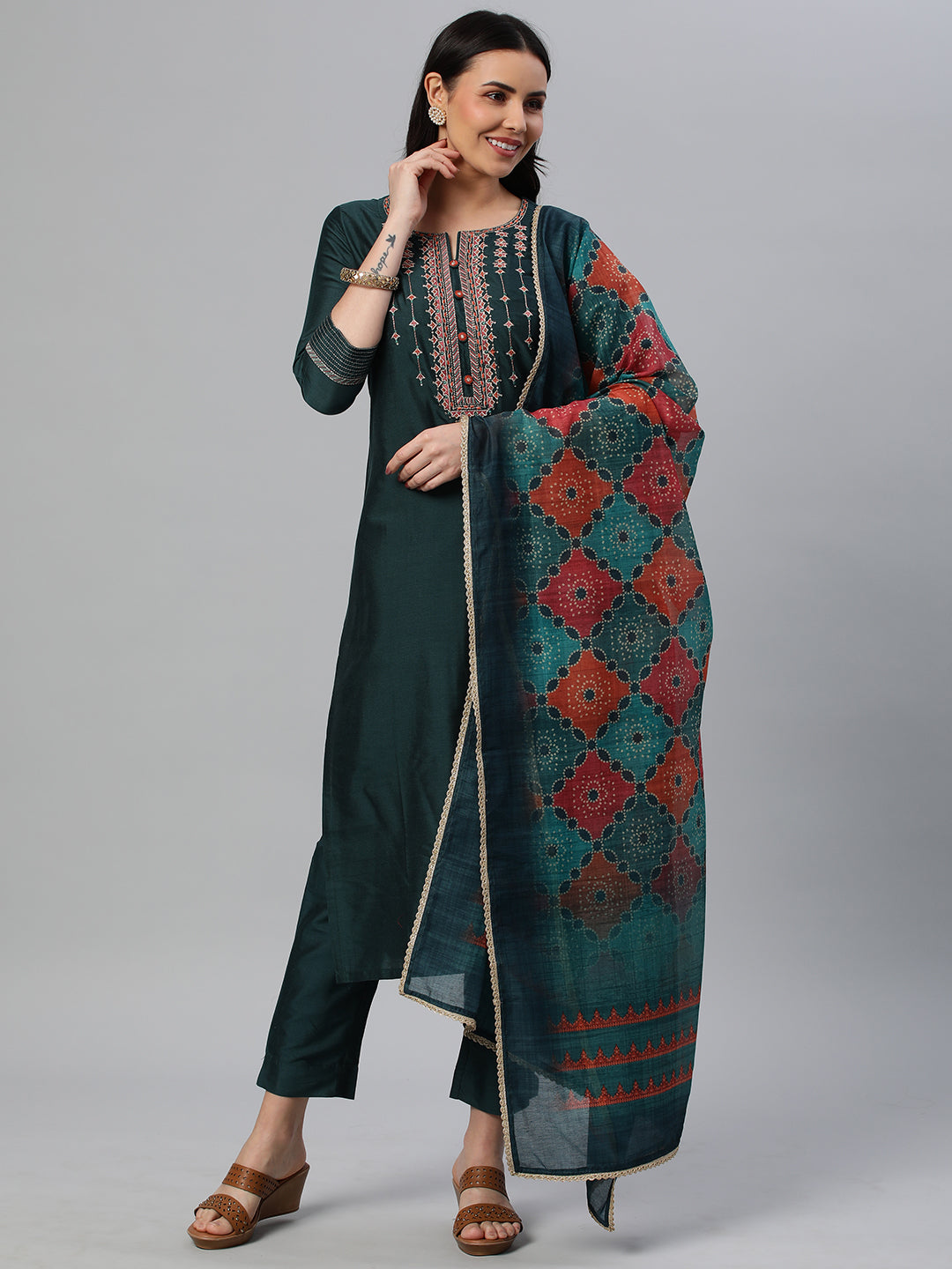 Party Edit- Embroidered silk blend kurta paired with pants and printed dupatta