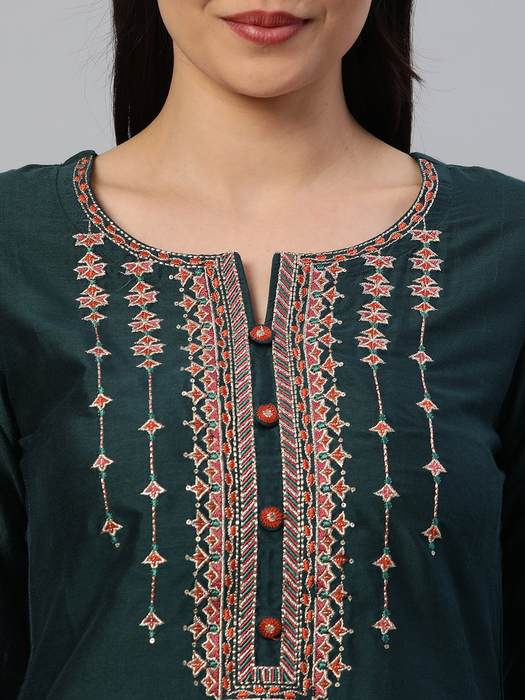 Party Edit- Embroidered silk blend kurta paired with pants and printed dupatta
