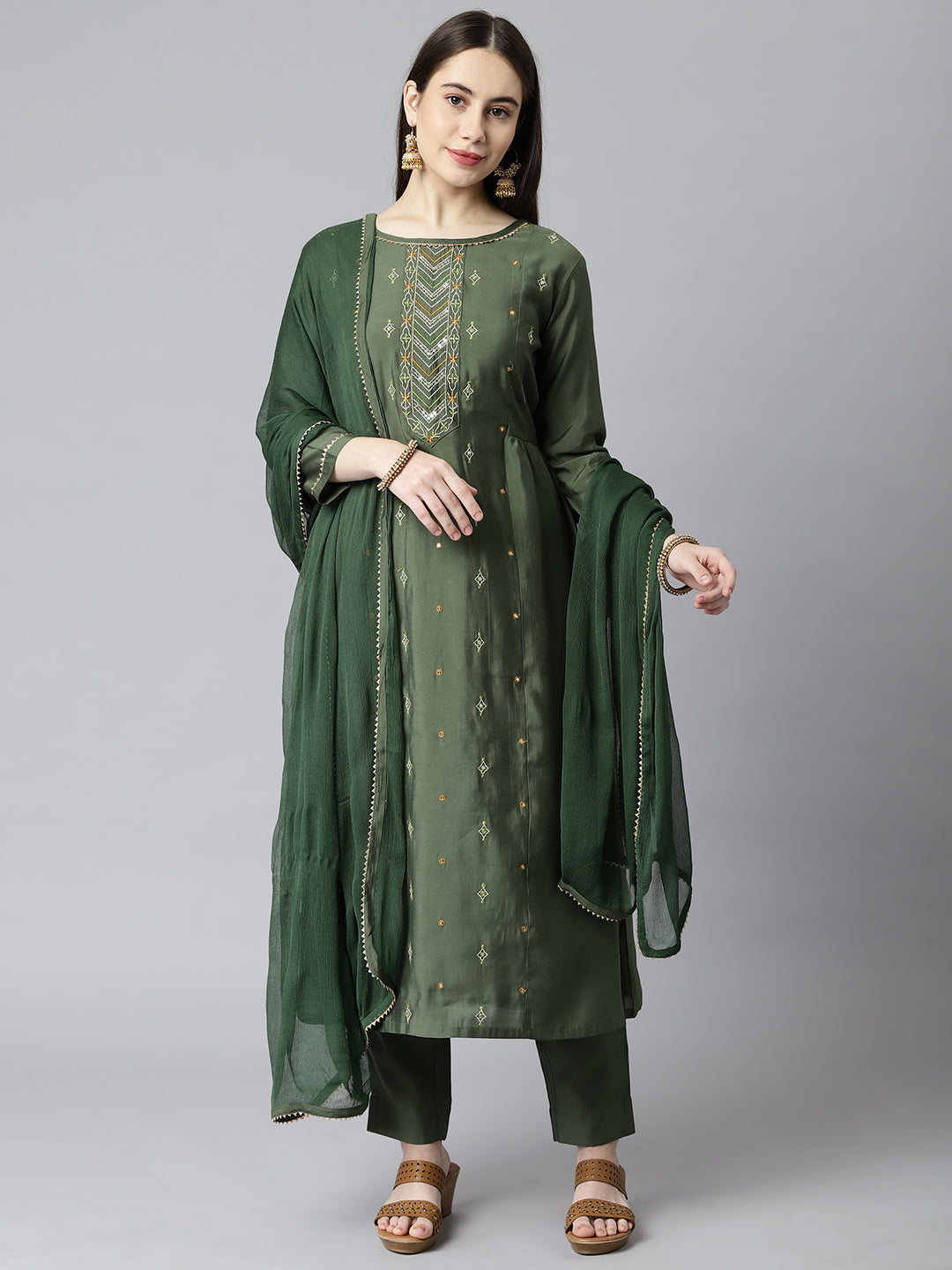 Party Edit- A line silk blend kurta with embroidered neck paired with dupatta and self tone bottom