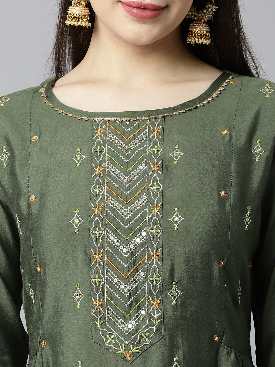 Party Edit- A line silk blend kurta with embroidered neck paired with dupatta and self tone bottom