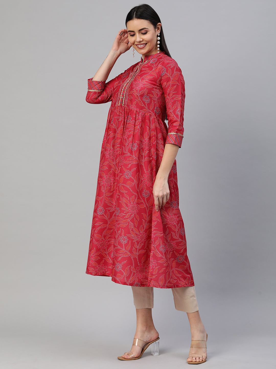 Party Edit - Silk blend Flared kurta with embroidery on neck and gathering detail at waist
