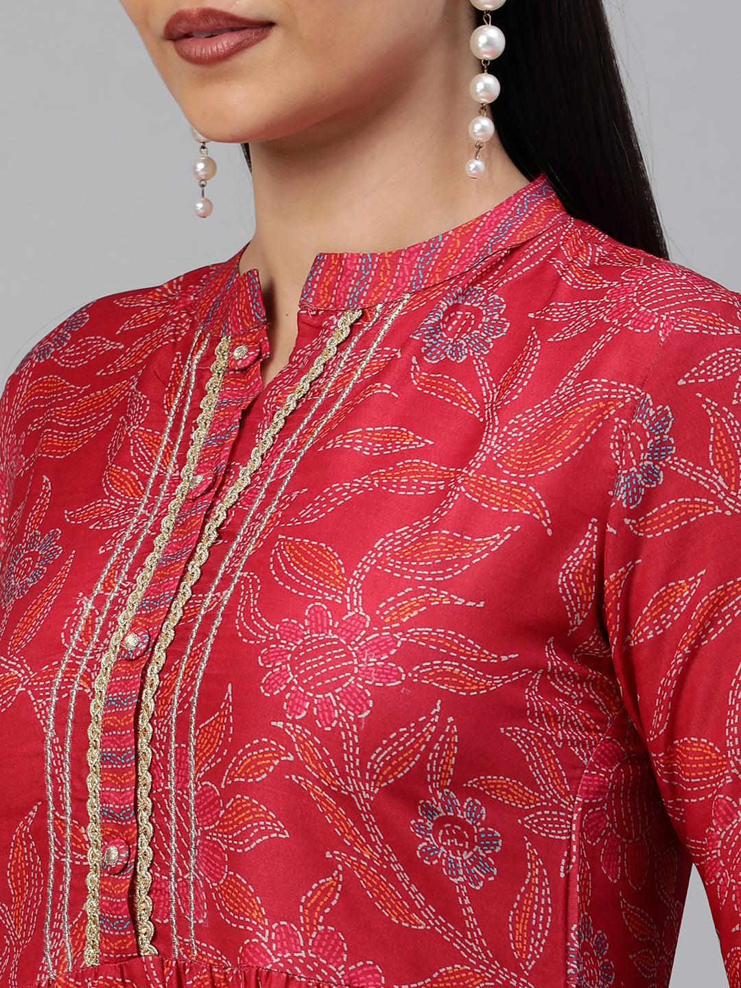 Party Edit - Silk blend Flared kurta with embroidery on neck and gathering detail at waist