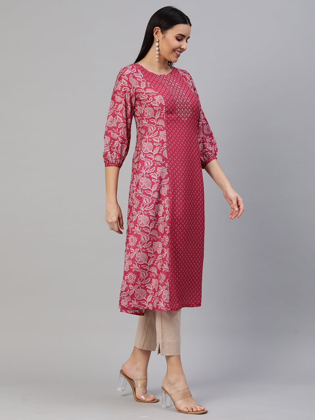 Party Edit- A line silk blend kurta with embroidery on neck