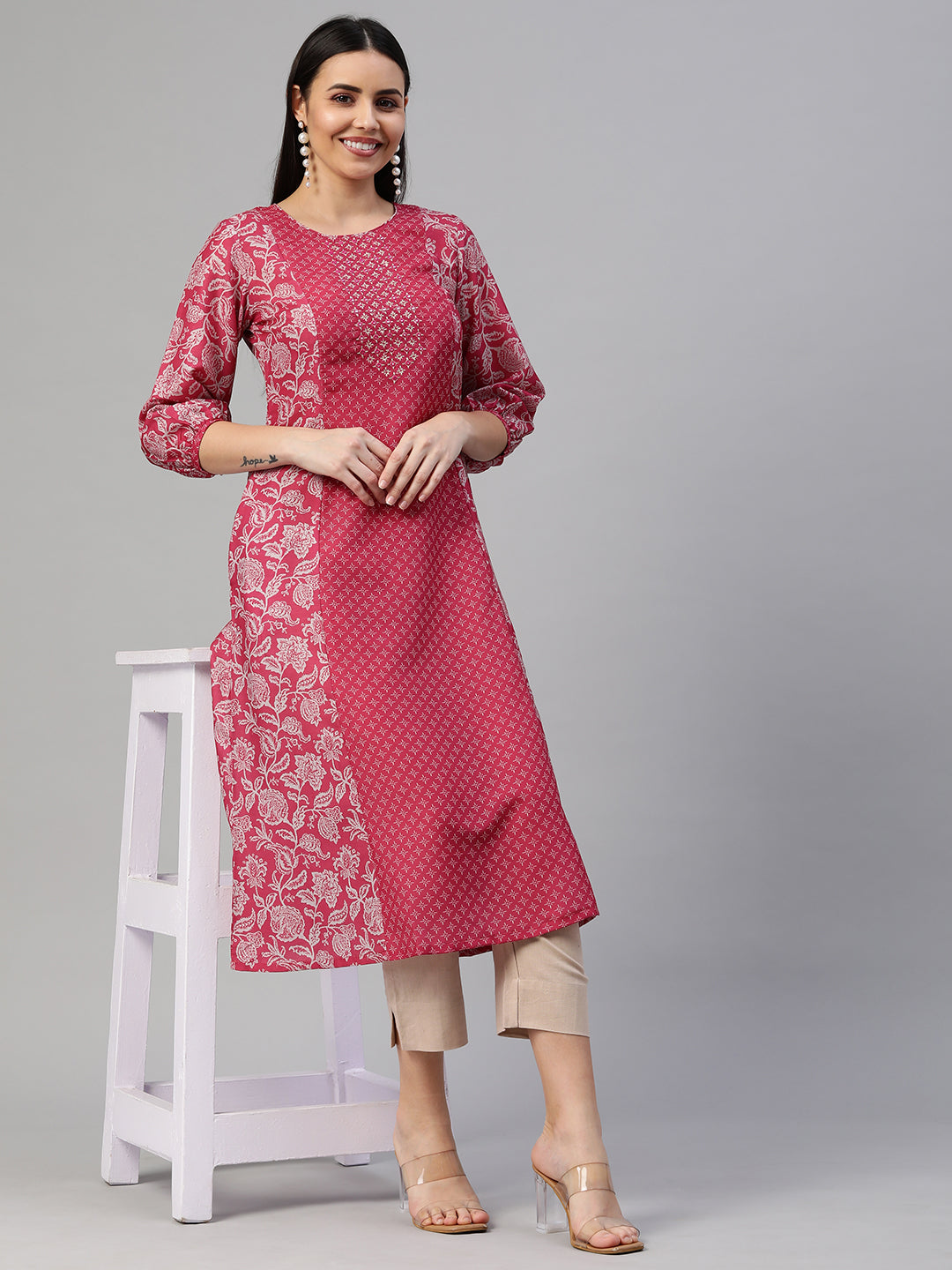 Party Edit- A line silk blend kurta with embroidery on neck