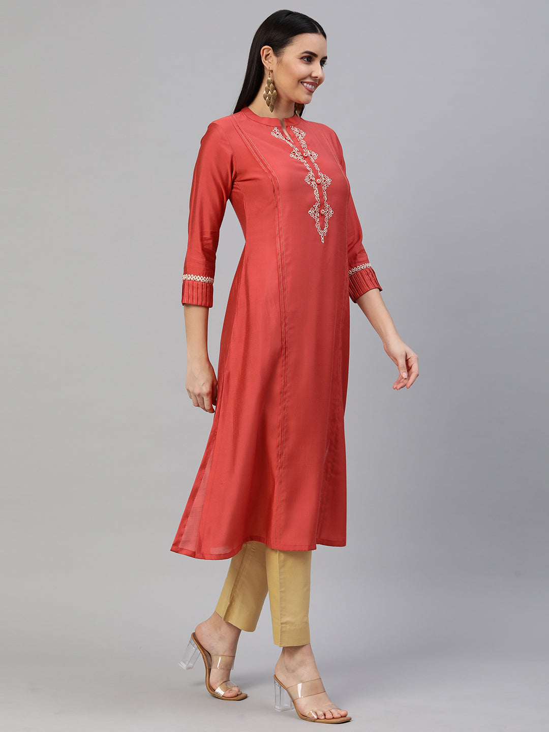 Party Edit- Elegant Silk Blend A-Line Kurta with Stand Collar and Dori Work Neck Detail