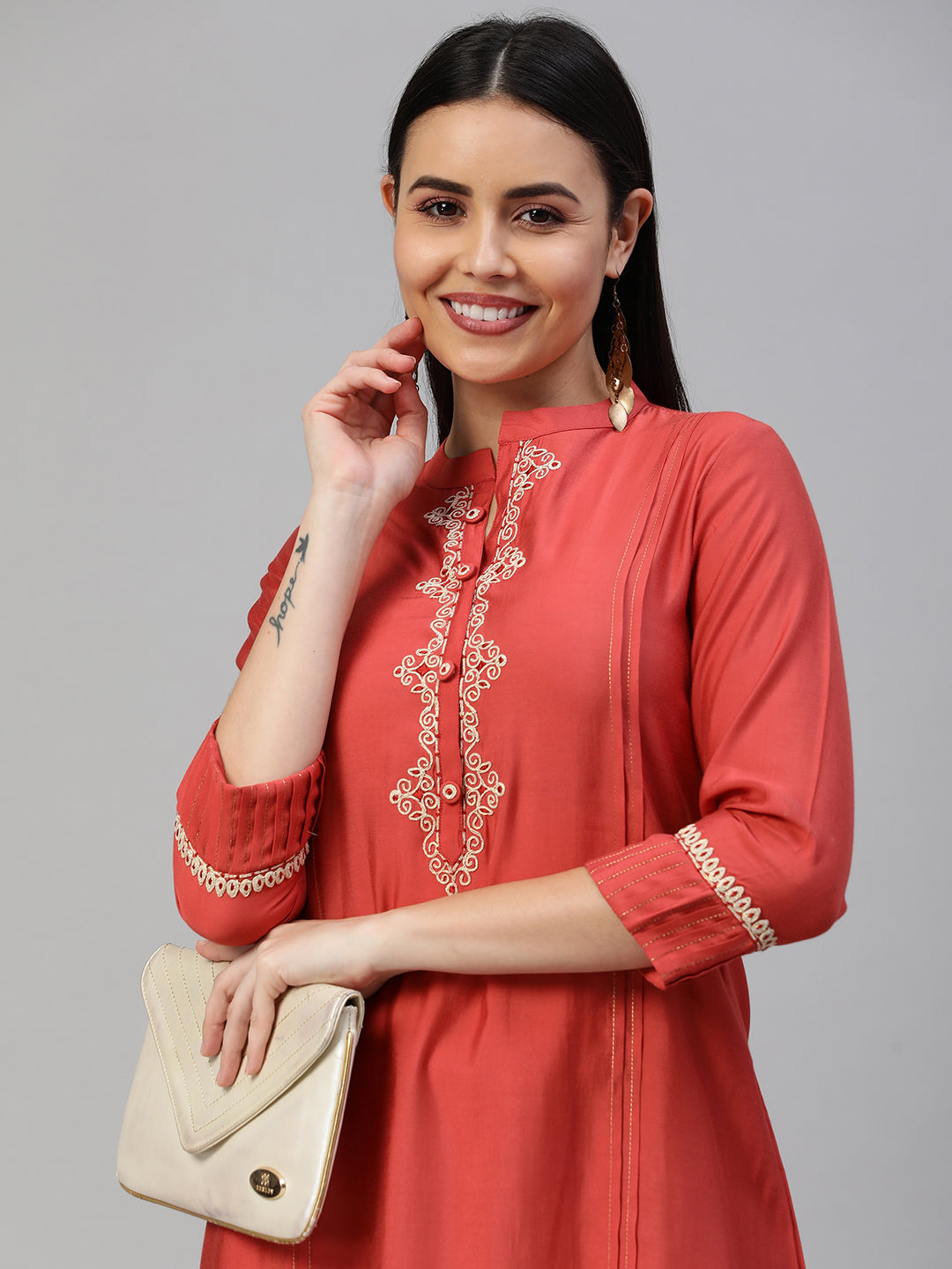 Party Edit- Elegant Silk Blend A-Line Kurta with Stand Collar and Dori Work Neck Detail