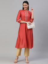 Party Edit- A line stand collared kurta with Dori embroidery work on neck