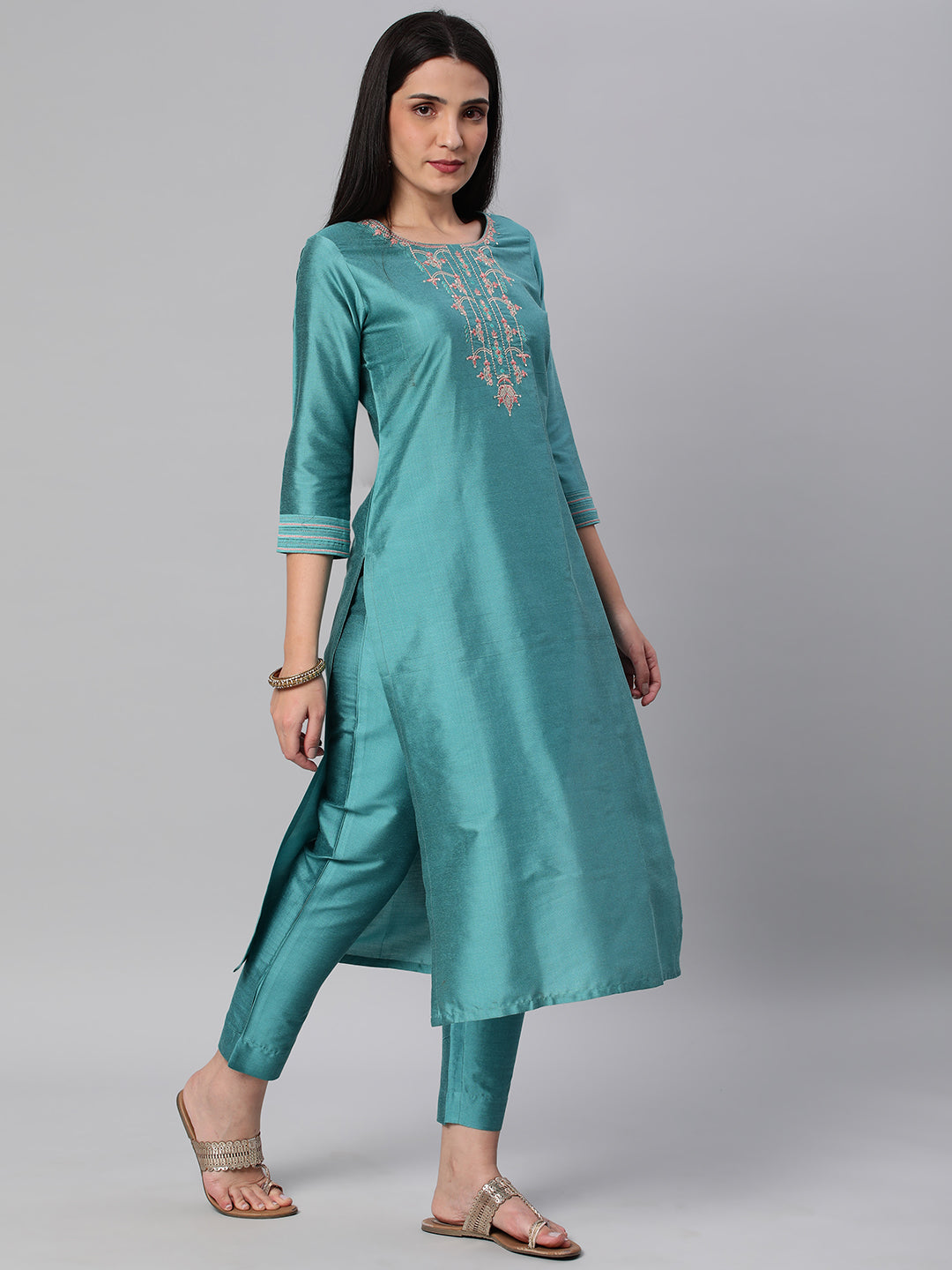 Party Edit- Straight fit silk blend kurta with embroidery on neck and sleeves