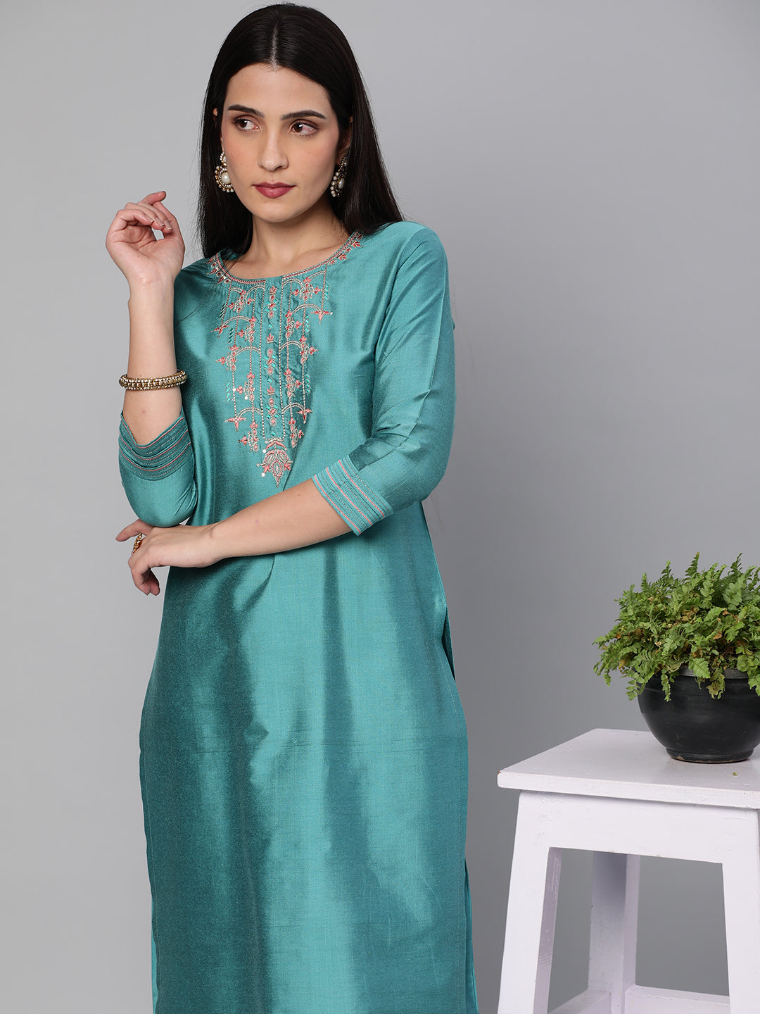 Party Edit- Straight fit silk blend kurta with embroidery on neck and sleeves