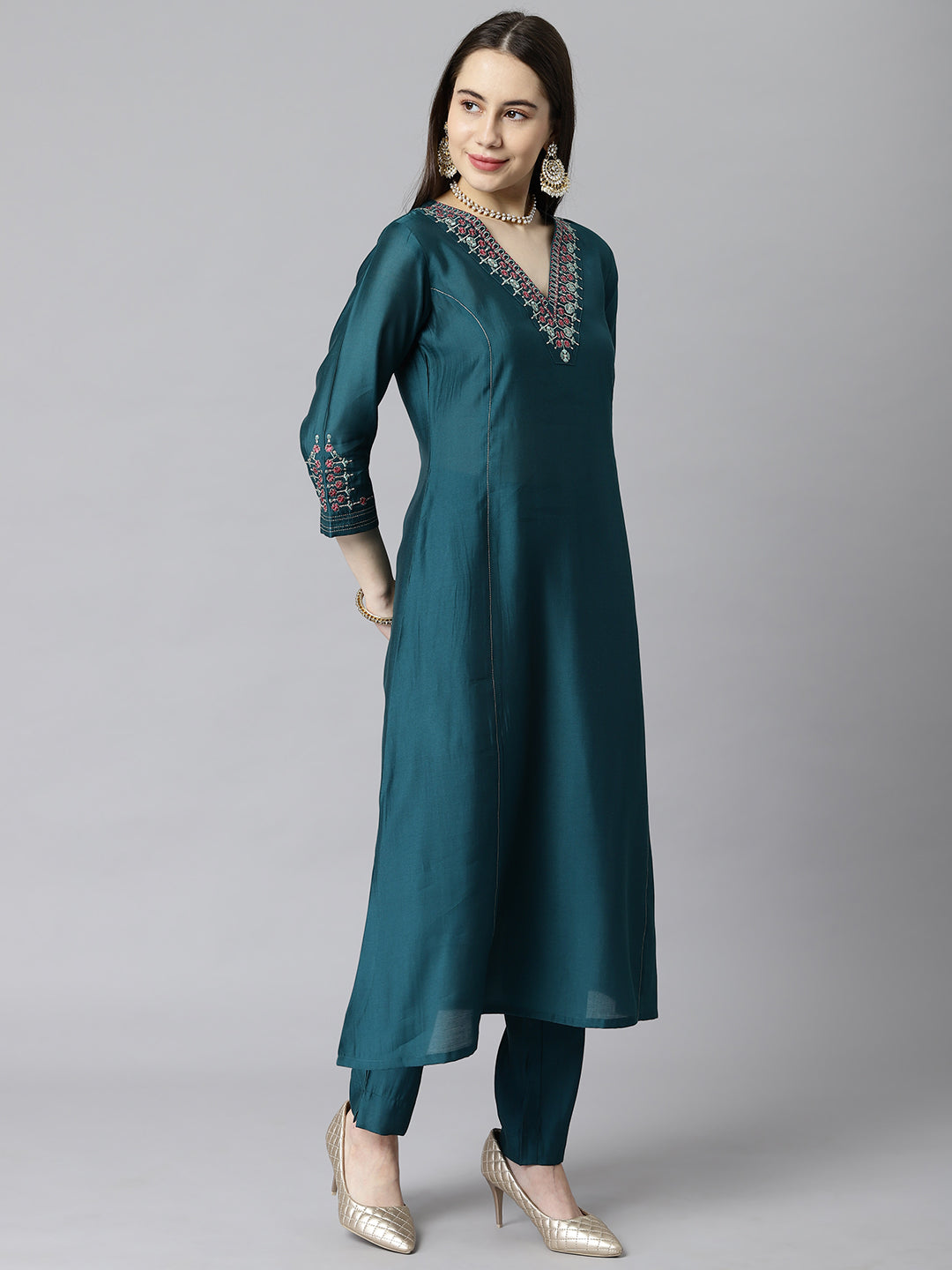 Party Edit- A line silk blend kurta V neck with embroidery on neck and sleeves