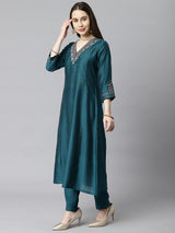 Party Edit- A line silk blend kurta V neck with embroidery on neck and sleeves