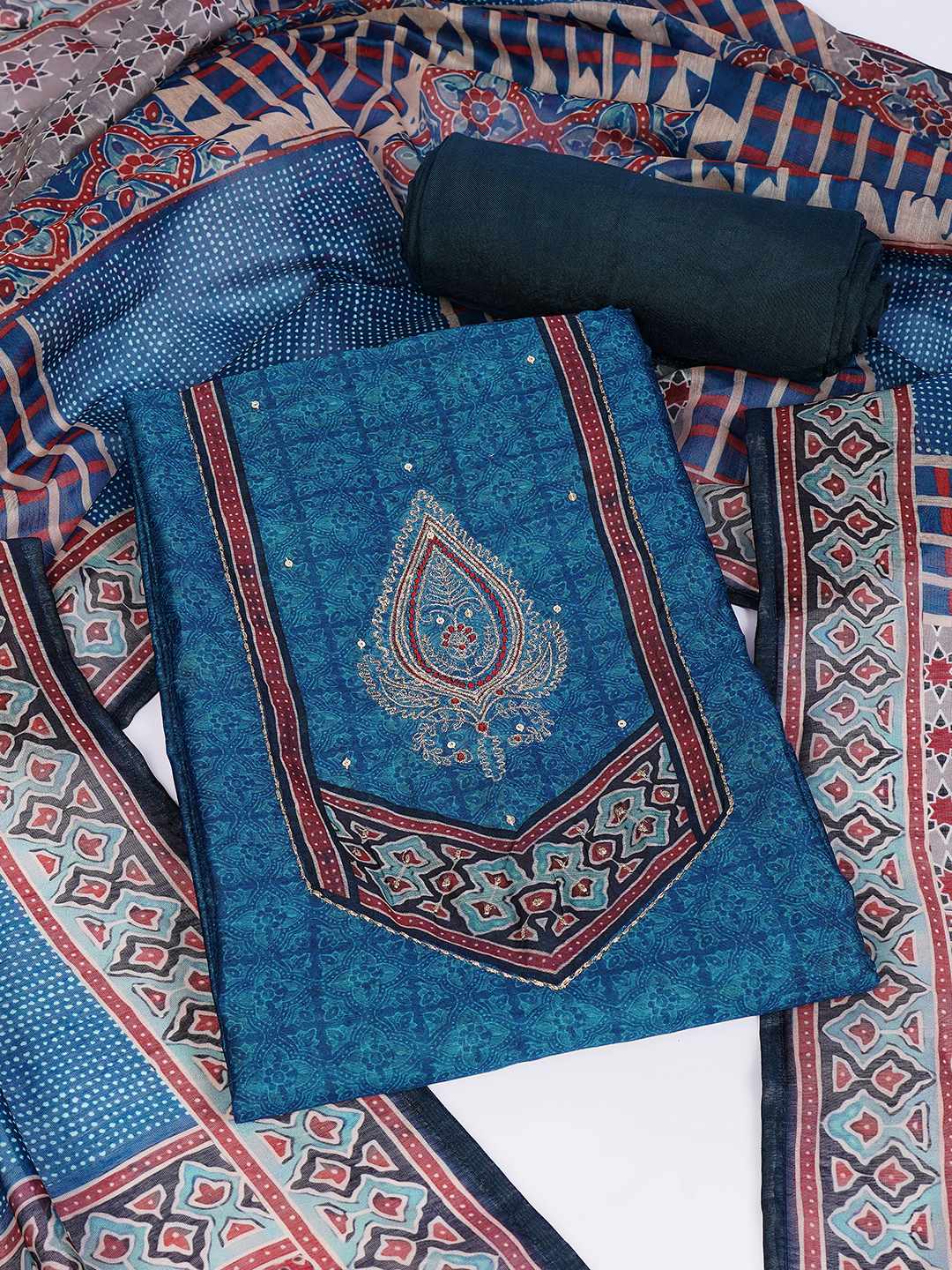 Unstitched 3-Piece Art Silk Suit Set with Embroidered Yoke, Printed Dupatta.(Blue)