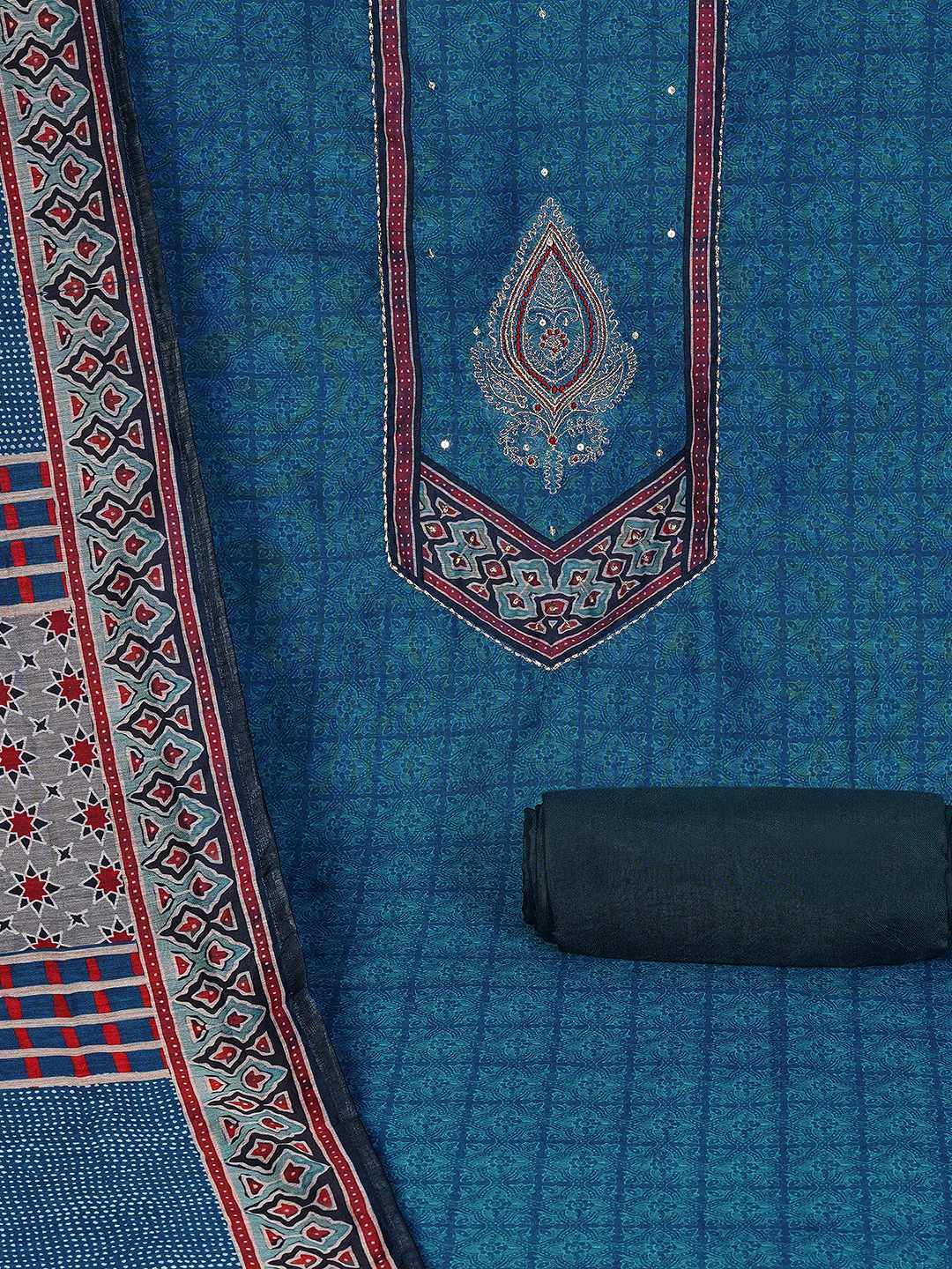 Unstitched 3-Piece Art Silk Suit Set with Embroidered Yoke, Printed Dupatta.(Blue)