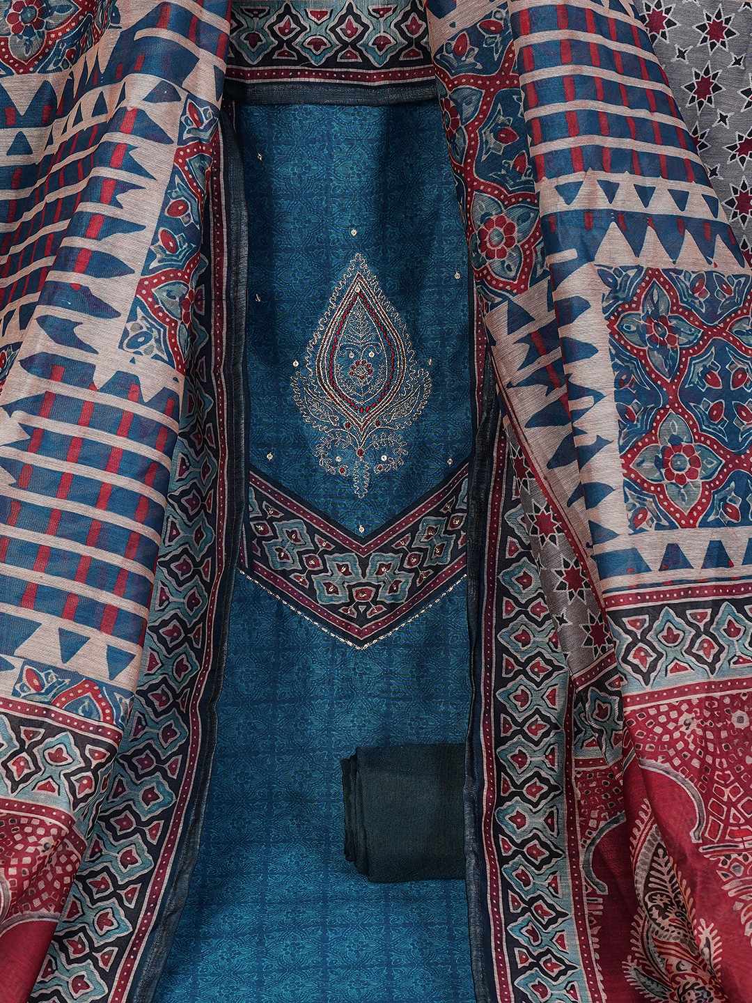 Unstitched 3-Piece Art Silk Suit Set with Embroidered Yoke, Printed Dupatta.(Blue)