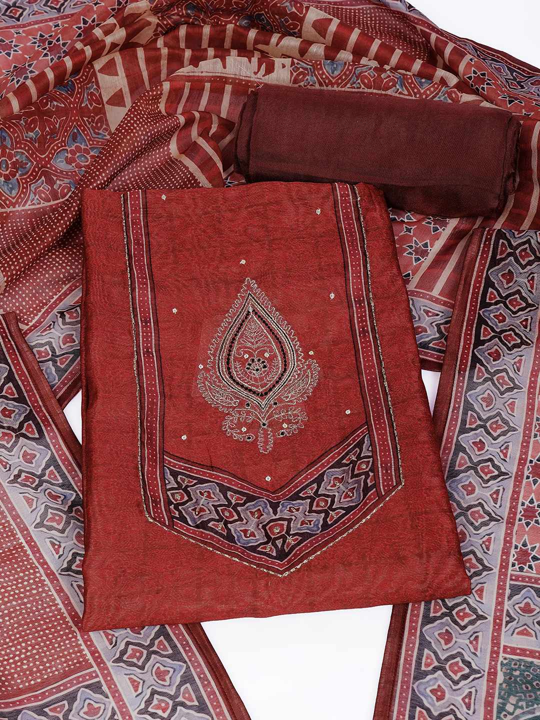 Unstitched 3-Piece Art Silk Suit Set with Embroidered Yoke, Printed Dupatta.(Rust)