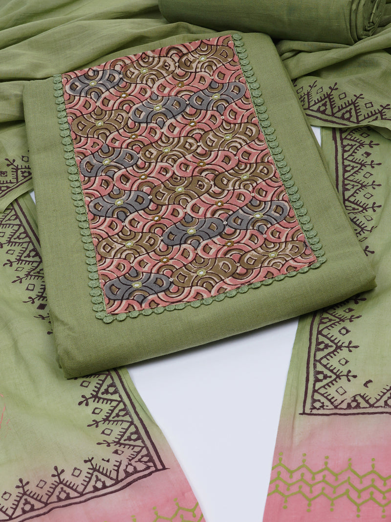 Green Unstitched suit set with kalamakri yoke paired with double dyed dupatta.