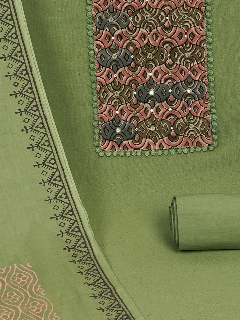 Green Unstitched suit set with kalamakri yoke paired with double dyed dupatta.