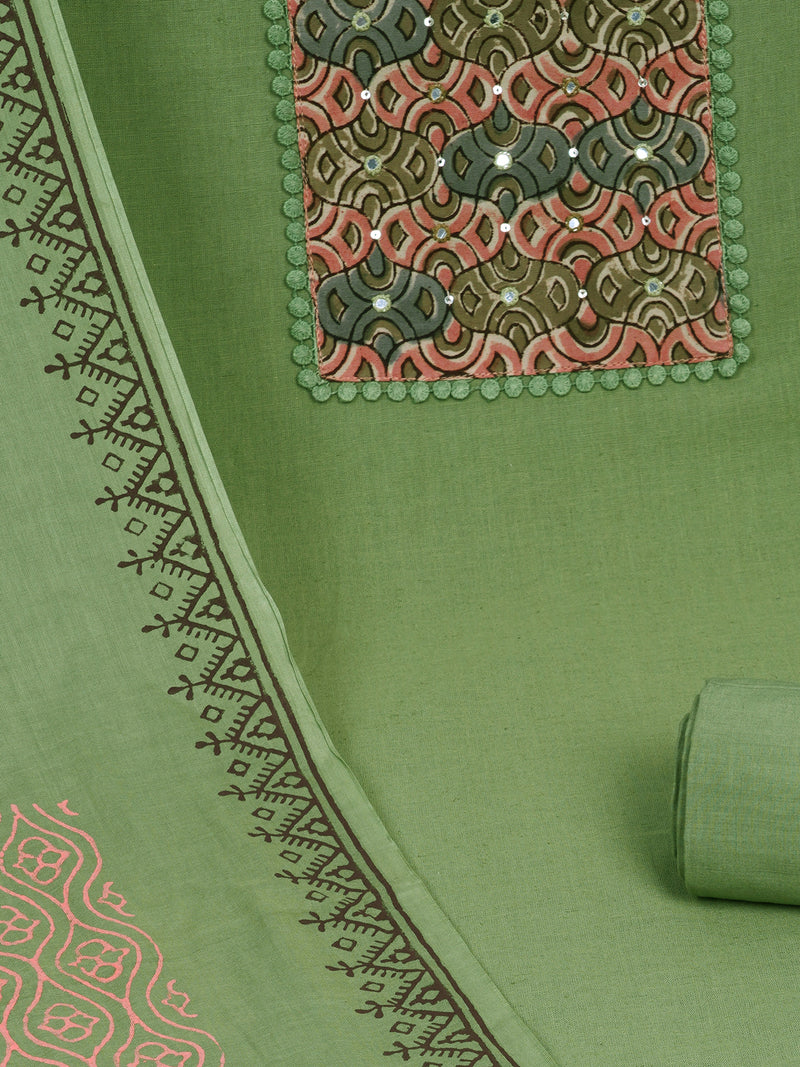 Green Unstitched suit set with kalamakri yoke paired with double dyed dupatta.