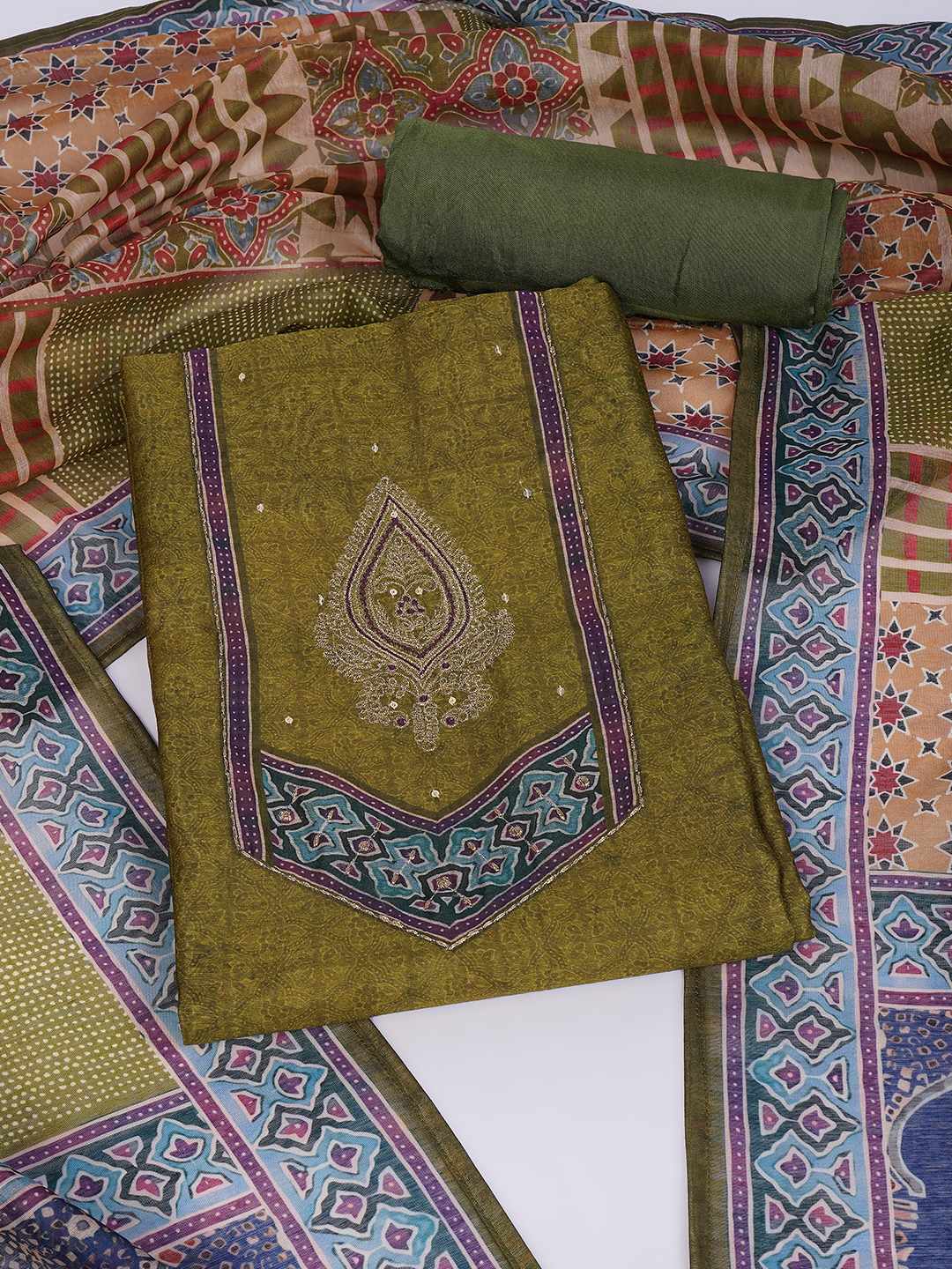 Unstitched 3-Piece Art Silk Suit Set with Embroidered Yoke, Printed Dupatta.(Green)