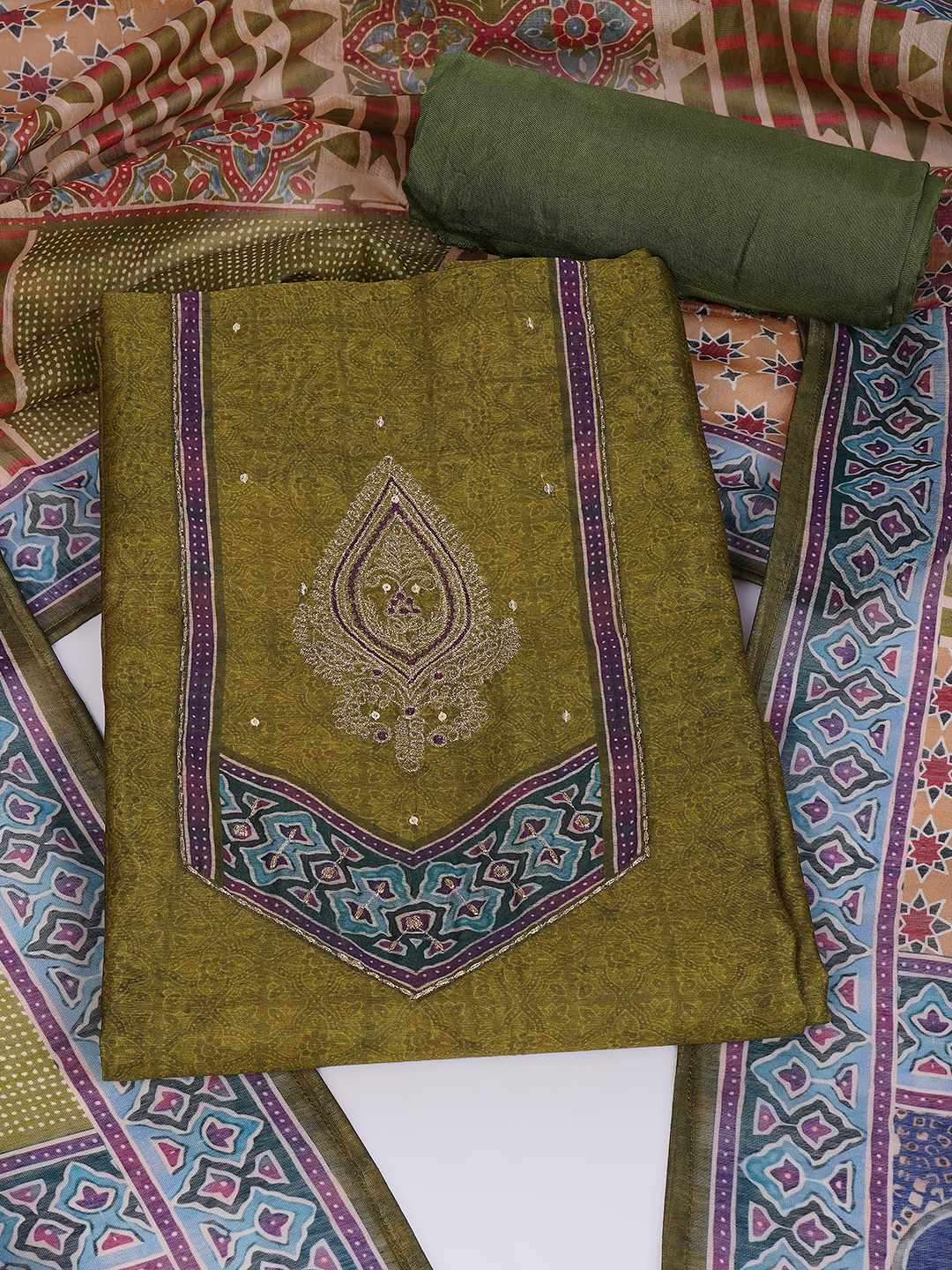 Unstitched 3-Piece Art Silk Suit Set with Embroidered Yoke, Printed Dupatta.(Green)